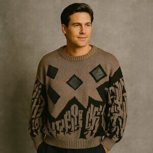 Alvin Josef L Brown Black 80s Geometric Sweater Leather Patches Rare Vintage